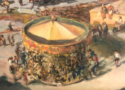 Großes Ölgemälde auf Leinwand Zirkus und Jahrmarkt in der Nähe des Meeres signiert Sorot 52 (?)