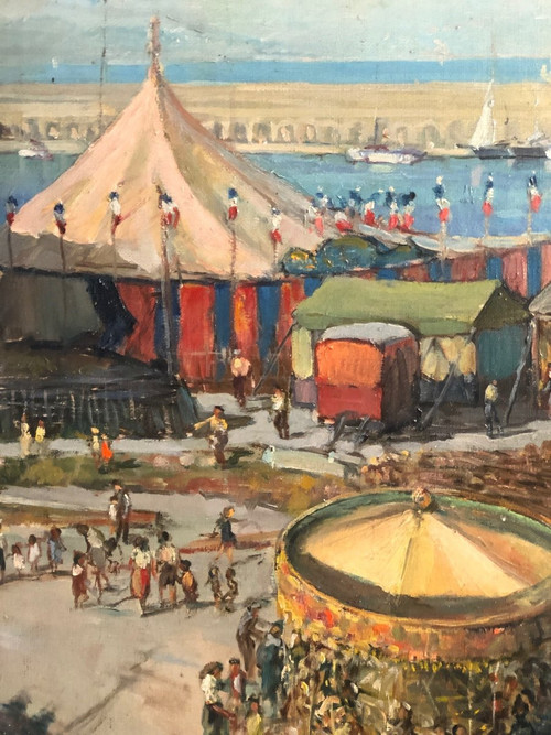 Großes Ölgemälde auf Leinwand Zirkus und Jahrmarkt in der Nähe des Meeres signiert Sorot 52 (?)