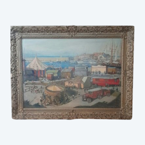 Großes Ölgemälde auf Leinwand Zirkus und Jahrmarkt in der Nähe des Meeres signiert Sorot 52 (?)