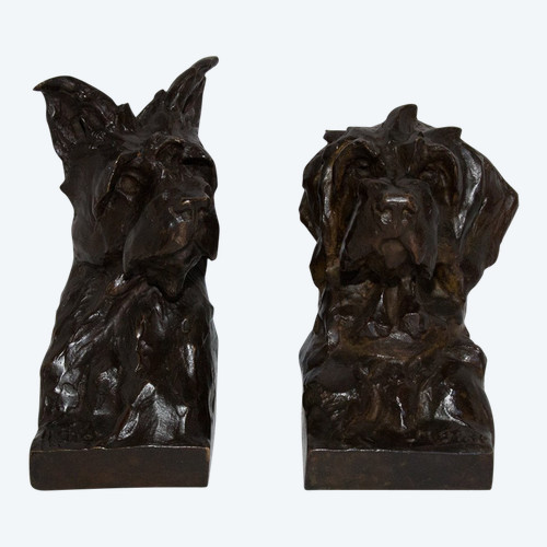 Pair Of Maximilien-Louis Fiot Dog Busts (1886-1953)