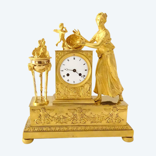 Empire Naissance De l'Amour gilt bronze clock Athenian vestal XIXth century