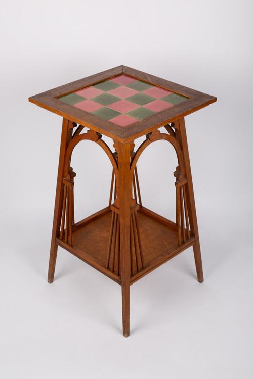 Art & Crafts tea table with pink and green ceramic top