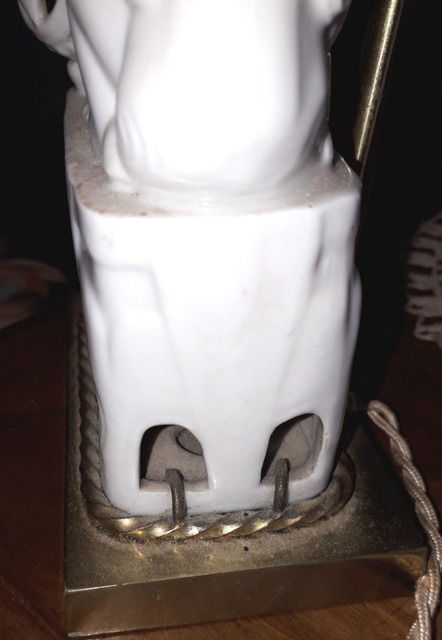 Lampada da comodino in porcellana della fine del XIX secolo, decorata con un cane cinese fo