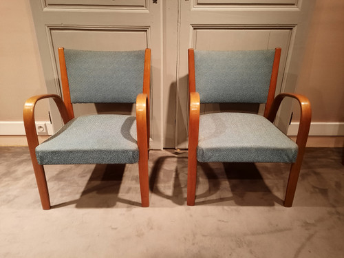 Vintage Bow Wood armchairs and chairs in ash, by Wilhem Von Bode Circa 1950.