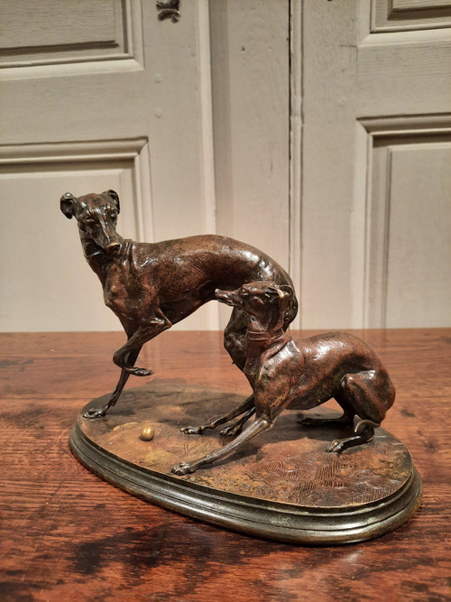 Bronze representing two greyhounds signed P.J. Mène.