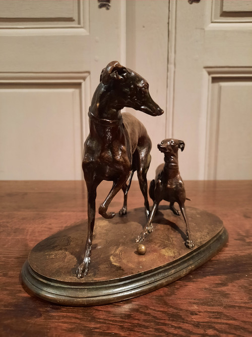Bronze representing two greyhounds signed P.J. Mène.