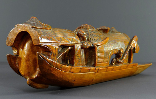 China, 1930s, Bamboo Sculpture of a Jonque Carrying People.
