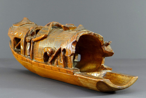 China, 1930s, Bamboo Sculpture of a Jonque Carrying People.