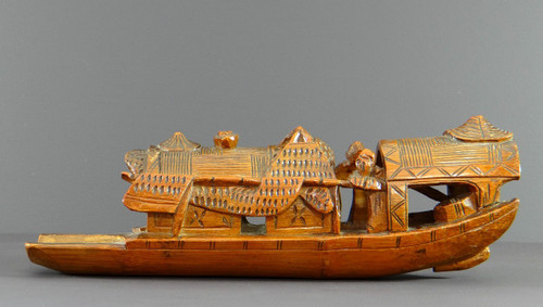 China, 1930s, Bamboo Sculpture of a Jonque Carrying People.