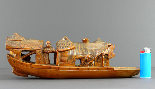 China, 1930s, Bamboo Sculpture of a Jonque Carrying People.