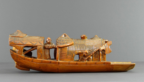 China, 1930s, Bamboo Sculpture of a Jonque Carrying People.