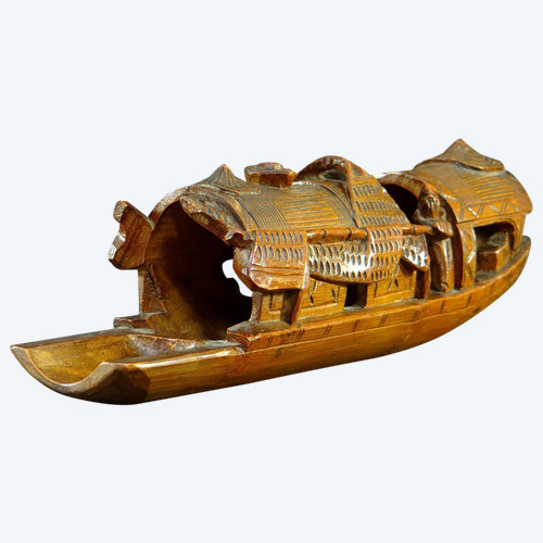 China, 1930s, Bamboo Sculpture of a Jonque Carrying People.