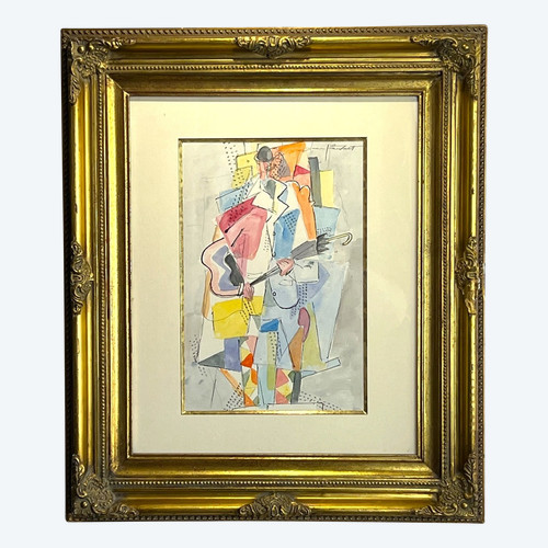 TABLEAU / AQUARELLE SIGNÉE DE " JEAN FAUBERT DE 1944 " L'HOMME AU PARAPLUIE