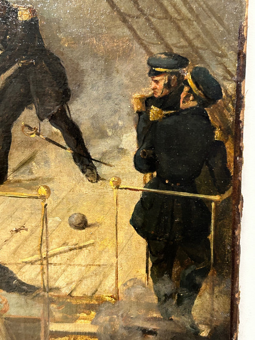 Peinture - Tableau Représentant Le Pont Du Vaisseau Ville De Paris - Marine - Huile Sur Toile 