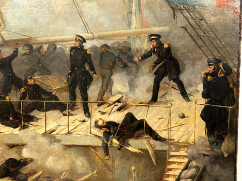 Peinture - Tableau Représentant Le Pont Du Vaisseau Ville De Paris - Marine - Huile Sur Toile 