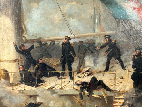 Peinture - Tableau Représentant Le Pont Du Vaisseau Ville De Paris - Marine - Huile Sur Toile 