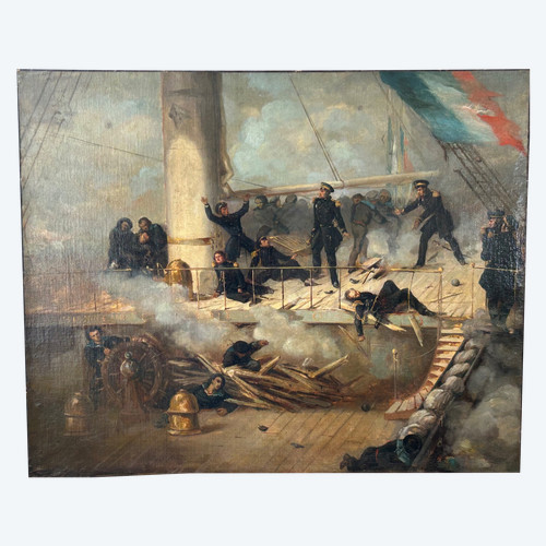 Peinture - Tableau Représentant Le Pont Du Vaisseau Ville De Paris - Marine - Huile Sur Toile 