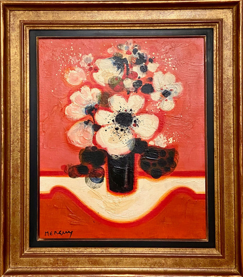 Frédéric Menguy (1927-2007), Huile Sur Toile Des Années 1970 Titrée « Fleurs Blanches ».