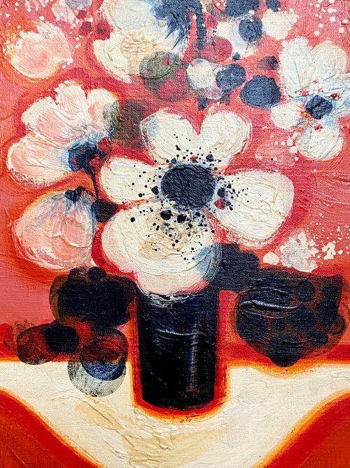 Frédéric Menguy (1927-2007), Huile Sur Toile Des Années 1970 Titrée « Fleurs Blanches ».