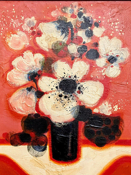 Frédéric Menguy (1927-2007), Huile Sur Toile Des Années 1970 Titrée « Fleurs Blanches ».