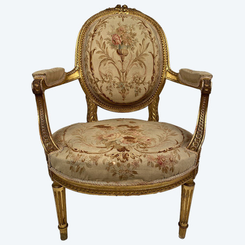 Poltrona in legno dorato in stile Luigi XVI, fine XIX o inizio XX secolo