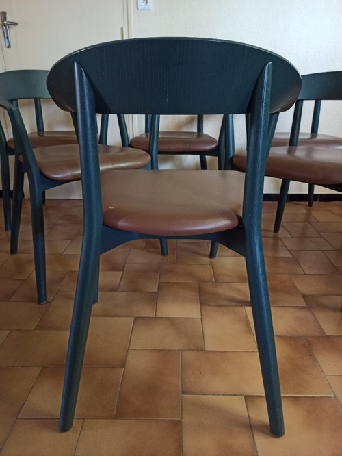 Set of 6 MITO chairs from Conmoto by Pascal Bosetti, wood model with leather seat
