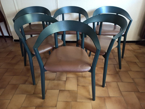 Set of 6 MITO chairs from Conmoto by Pascal Bosetti, wood model with leather seat