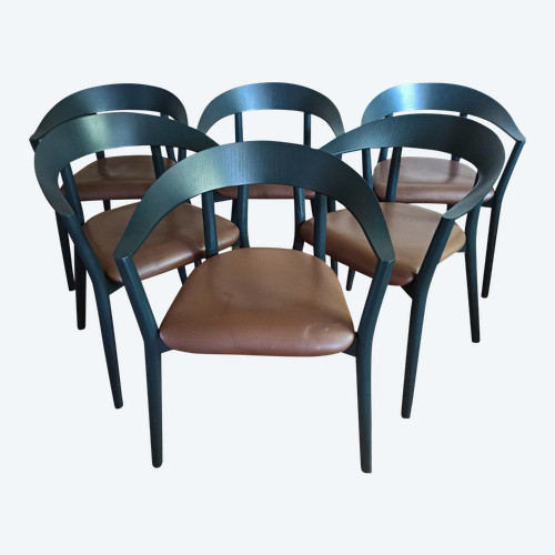 Set of 6 MITO chairs from Conmoto by Pascal Bosetti, wood model with leather seat