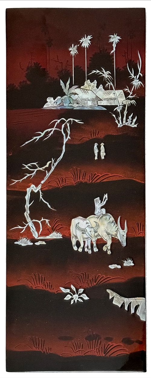 Ensemble de quatre panneaux formant un tableau en laque à décor d'incrustations de nacre