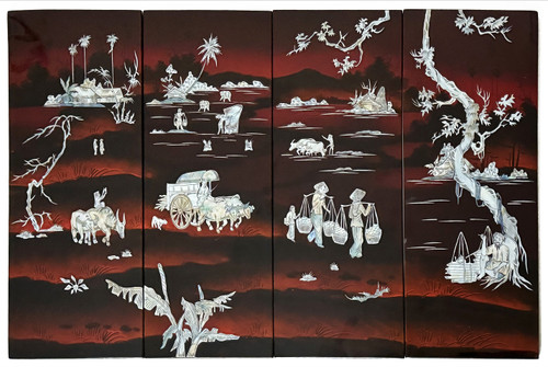 Ensemble de quatre panneaux formant un tableau en laque à décor d'incrustations de nacre