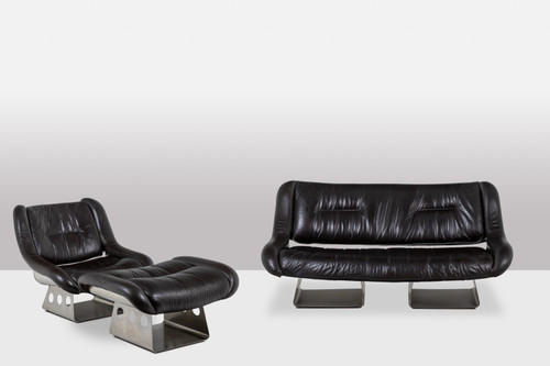 Soggiorno in metallo e pelle. Anni '70 LS57905650/5G