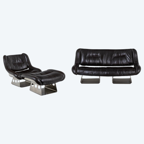 Soggiorno in metallo e pelle. Anni '70 LS57905650/5G