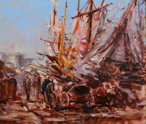 Charles PECRUS (att. to) 1826-1907 Boote im Hafen, Normandie, Gemälde