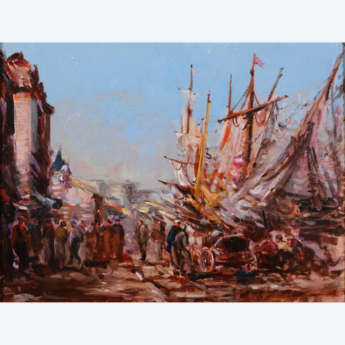 Charles PECRUS (att. to) 1826-1907 Boote im Hafen, Normandie, Gemälde