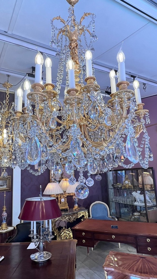 Grand Lustre En Bronze Doré Et Cristal D’époque Napoléon III