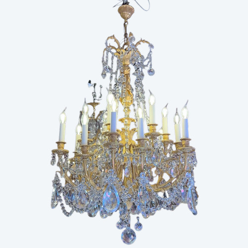 Grand Lustre En Bronze Doré Et Cristal D’époque Napoléon III