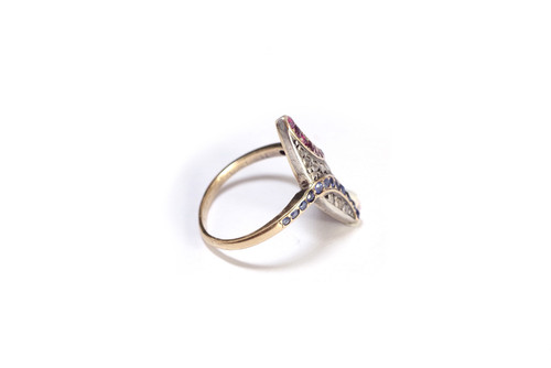 Anello marchesa patriottico in oro 18k e argento, bandiera francese, colore bandiera, blu bianco rosso