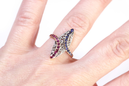 Anello marchesa patriottico in oro 18k e argento, bandiera francese, colore bandiera, blu bianco rosso