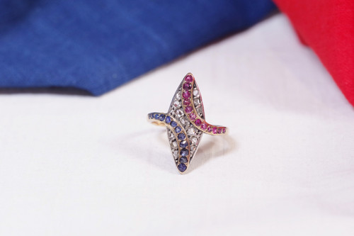 Anello marchesa patriottico in oro 18k e argento, bandiera francese, colore bandiera, blu bianco rosso