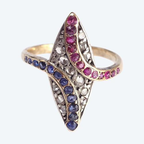 Anello marchesa patriottico in oro 18k e argento, bandiera francese, colore bandiera, blu bianco rosso