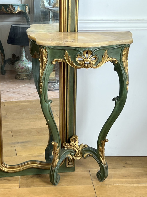 Console et son Trumeau Ancien en Bois Peint Vert et Doré 