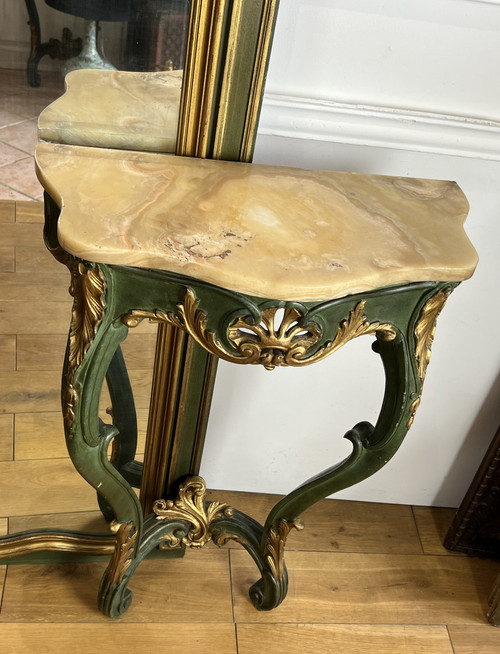 Console et son Trumeau Ancien en Bois Peint Vert et Doré 