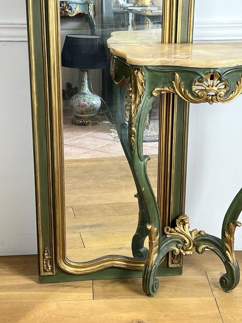 Console et son Trumeau Ancien en Bois Peint Vert et Doré 