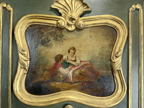Console et son Trumeau Ancien en Bois Peint Vert et Doré 