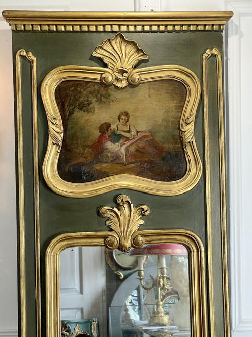 Console et son Trumeau Ancien en Bois Peint Vert et Doré 