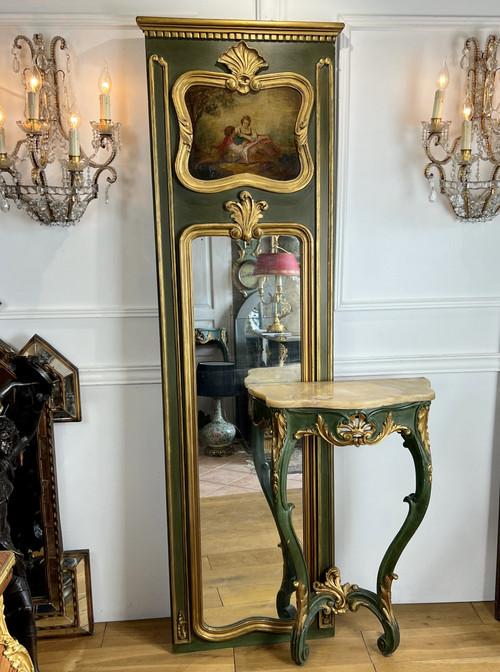 Console et son Trumeau Ancien en Bois Peint Vert et Doré 