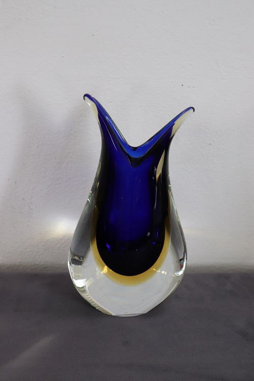 Vaso in vetro di Murano blu e giallo di Formia, anni '70