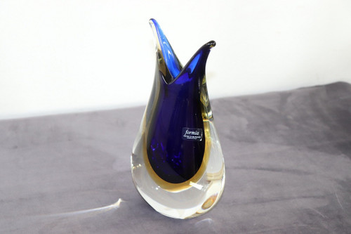 Vaso in vetro di Murano blu e giallo di Formia, anni '70