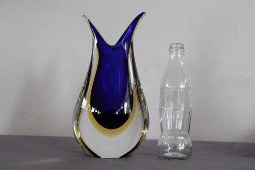 Vaso in vetro di Murano blu e giallo di Formia, anni '70