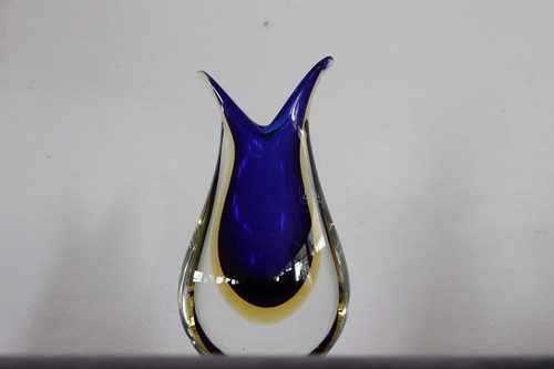 Vaso in vetro di Murano blu e giallo di Formia, anni '70